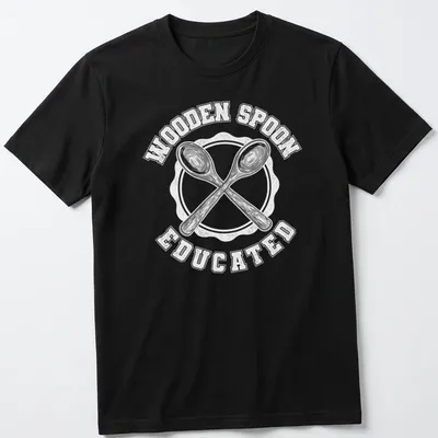 Wooden Spoon Educated shirt with simple typography and a wooden spoon illustration.