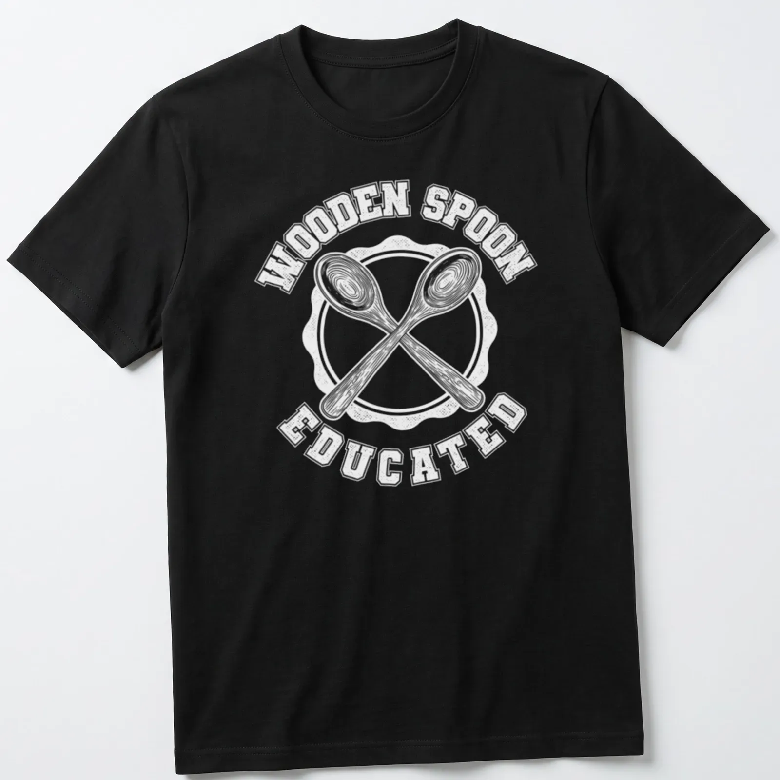 Wooden Spoon Educated shirt with simple typography and a wooden spoon illustration. — printed on a unisex t-shirt