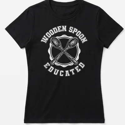 Wooden Spoon Educated shirt with simple typography and a wooden spoon illustration. — printed on a women's shirt