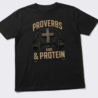 Vintage distressed t-shirt featuring a cross and barbell with inspirational text