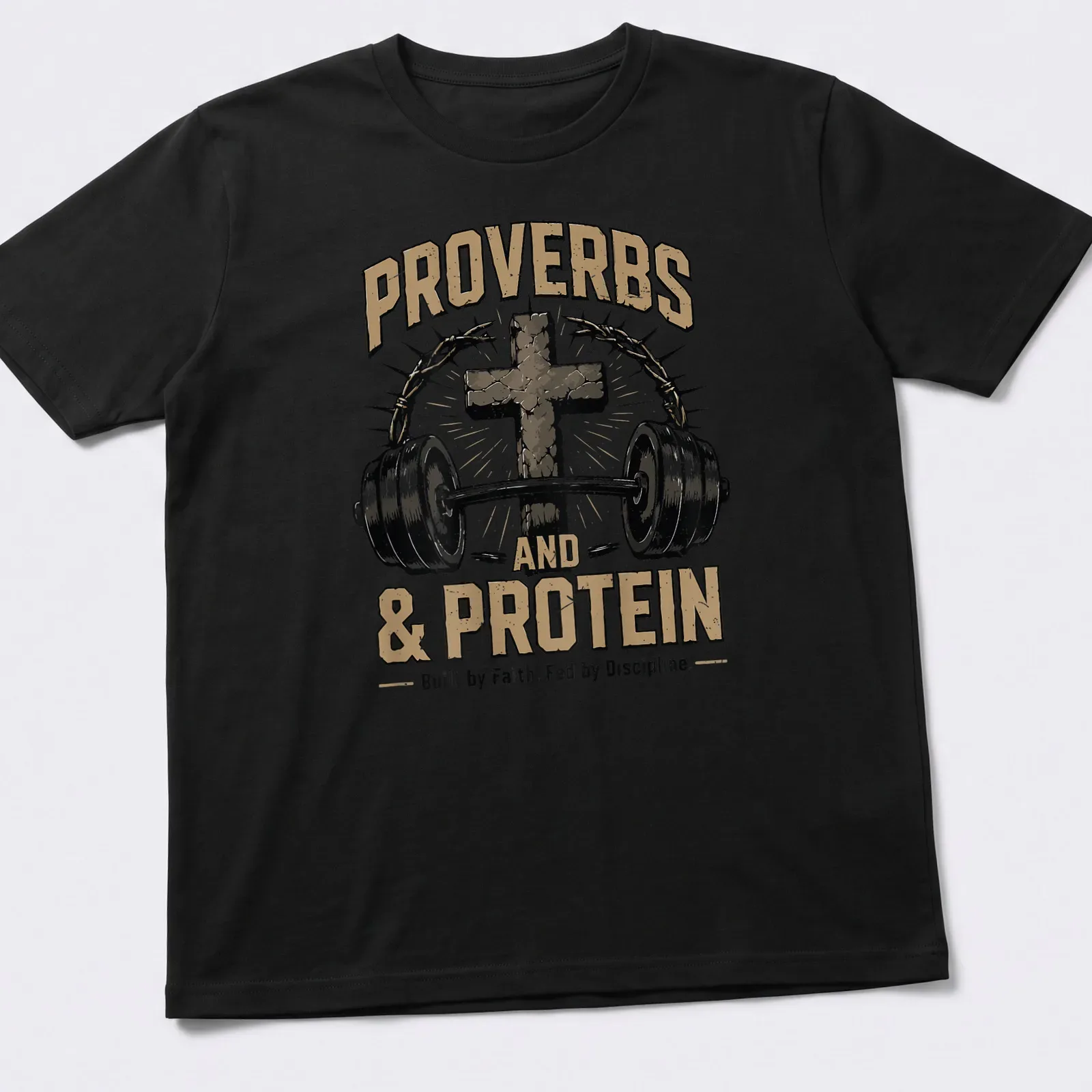 Vintage distressed t-shirt featuring a cross and barbell with inspirational text — printed on a unisex t-shirt