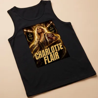 Dramatic portrait of Charlotte Flair with her name in bold lettering — printed on a tank top