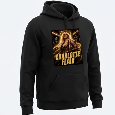 Dramatic portrait of Charlotte Flair with her name in bold lettering — printed on a unisex hoodie