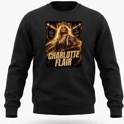 Dramatic portrait of Charlotte Flair with her name in bold lettering — printed on a unisex sweatshirt