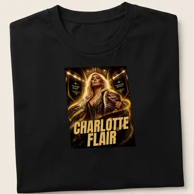 Dramatic portrait of Charlotte Flair with her name in bold lettering