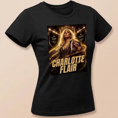 Dramatic portrait of Charlotte Flair with her name in bold lettering — printed on a women's shirt