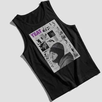 Monochromatic collage t-shirt featuring Yeat in black, white, and purple — printed on a tank top