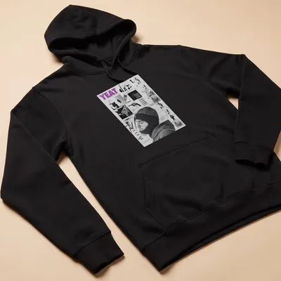 Monochromatic collage t-shirt featuring Yeat in black, white, and purple — printed on a unisex hoodie