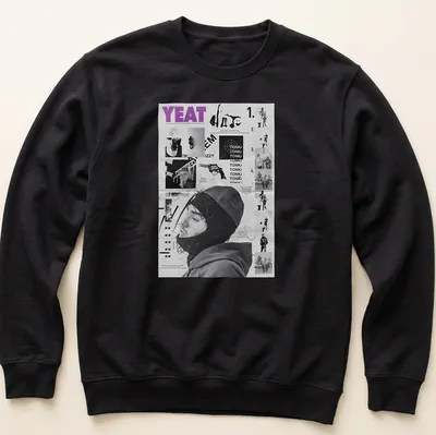 Monochromatic collage t-shirt featuring Yeat in black, white, and purple — printed on a unisex sweatshirt
