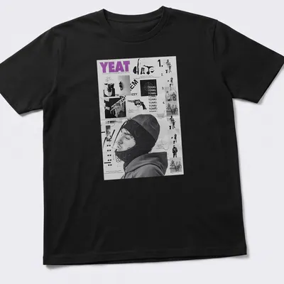 Monochromatic collage t-shirt featuring Yeat in black, white, and purple
