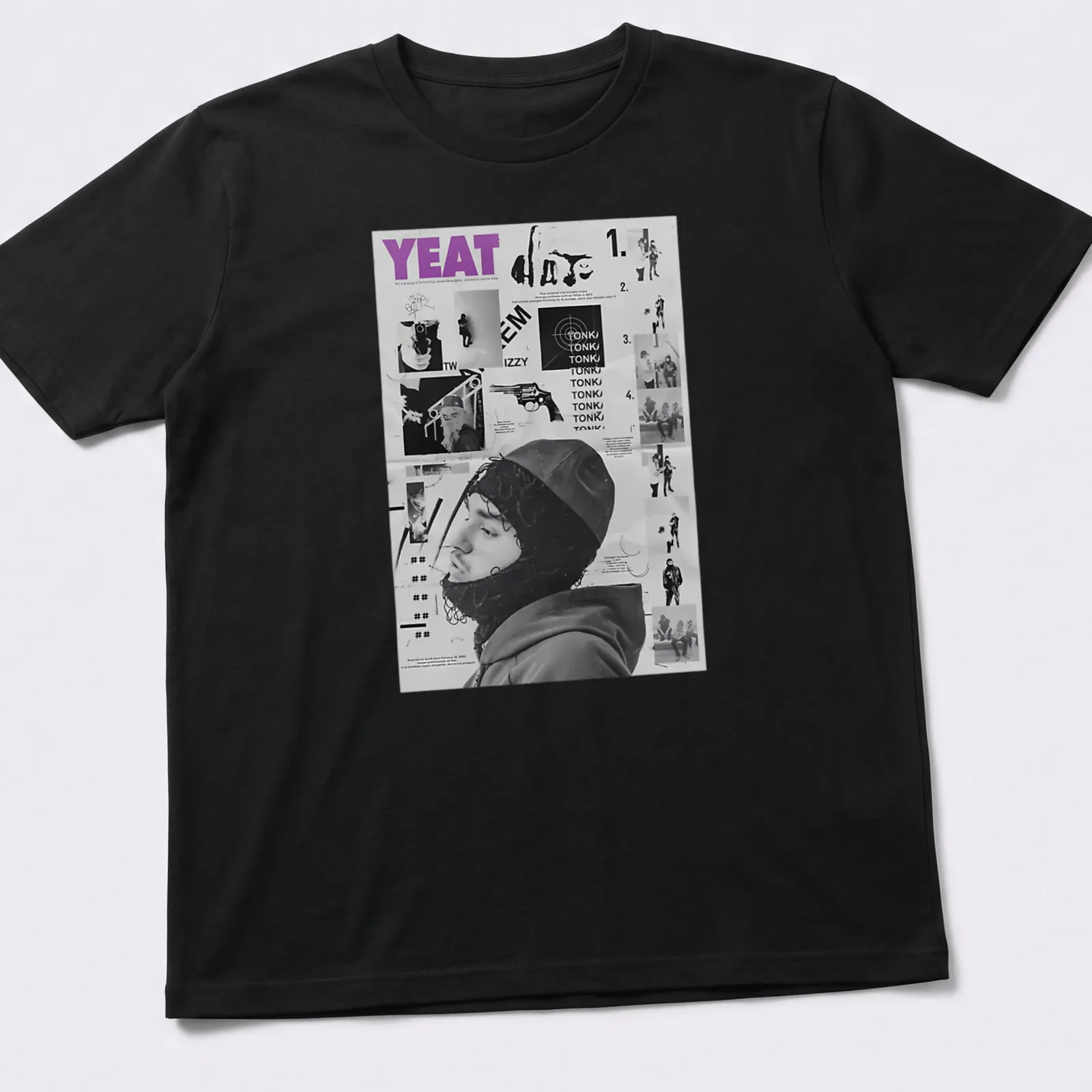 Monochromatic collage t-shirt featuring Yeat in black, white, and purple — printed on a unisex t-shirt