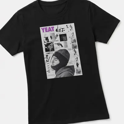Monochromatic collage t-shirt featuring Yeat in black, white, and purple — printed on a women's shirt