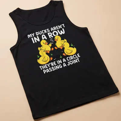 Cartoon design featuring yellow ducks in a circle passing a joint with humorous text — printed on a tank top