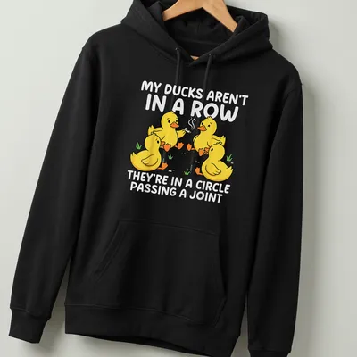 Cartoon design featuring yellow ducks in a circle passing a joint with humorous text — printed on a unisex hoodie