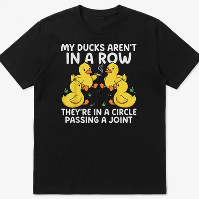 Cartoon design featuring yellow ducks in a circle passing a joint with humorous text