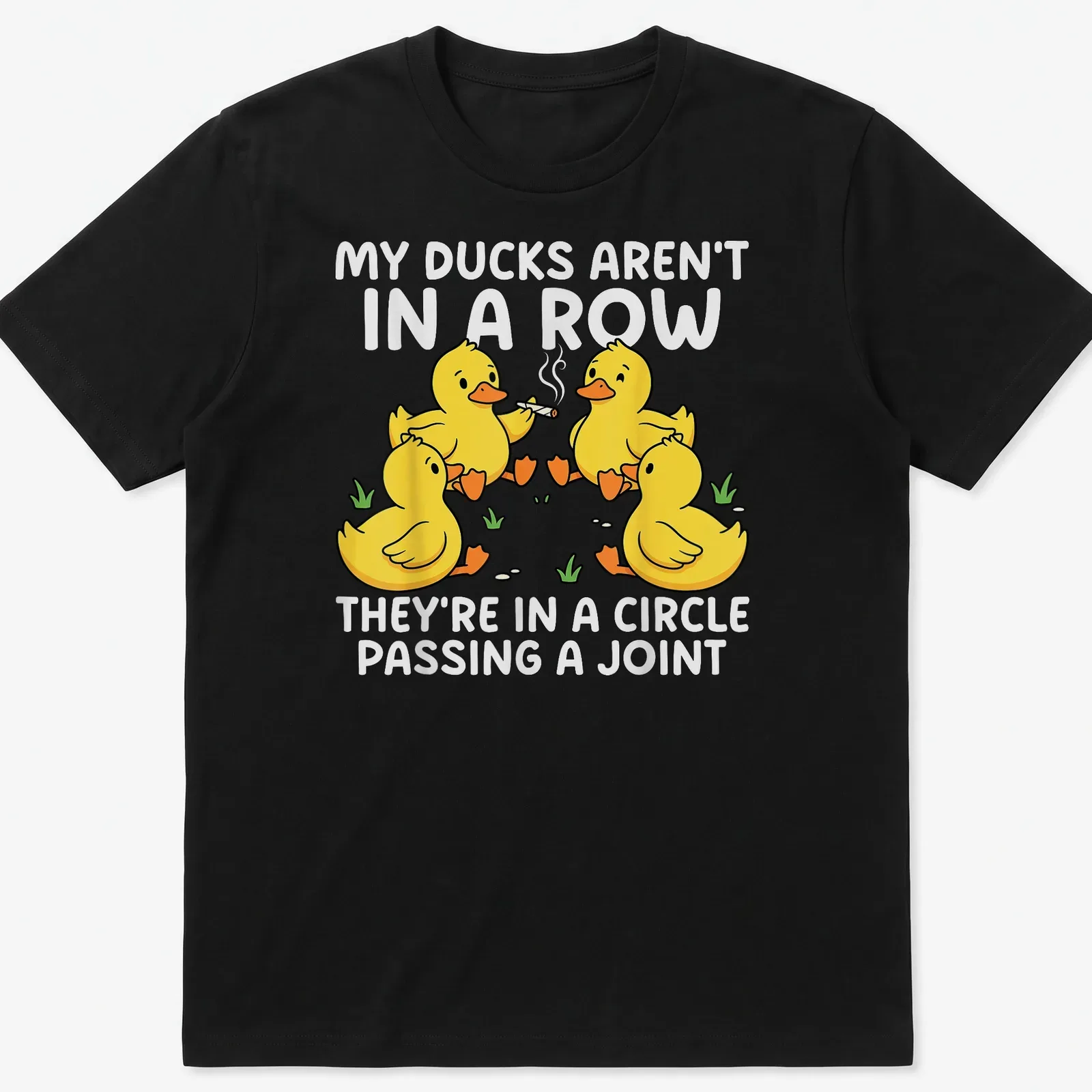 Cartoon design featuring yellow ducks in a circle passing a joint with humorous text — printed on a unisex t-shirt