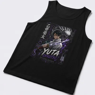 Anime art print of Yuta Okkotsu with inspirational text in purple, white, and gold — printed on a tank top