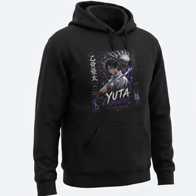 Anime art print of Yuta Okkotsu with inspirational text in purple, white, and gold — printed on a unisex hoodie