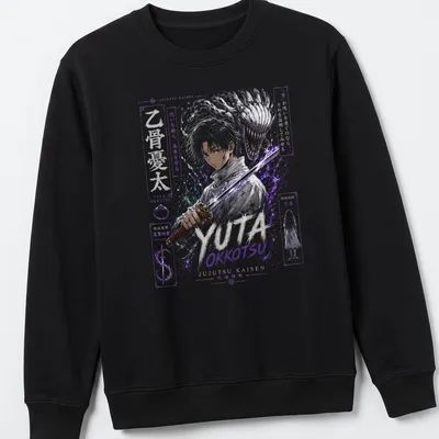 Anime art print of Yuta Okkotsu with inspirational text in purple, white, and gold — printed on a unisex sweatshirt
