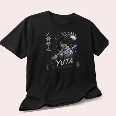 Anime art print of Yuta Okkotsu with inspirational text in purple, white, and gold — printed on a unisex t-shirt (angled view)