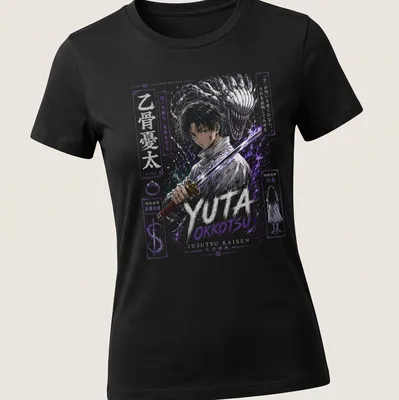 Anime art print of Yuta Okkotsu with inspirational text in purple, white, and gold — printed on a women's shirt