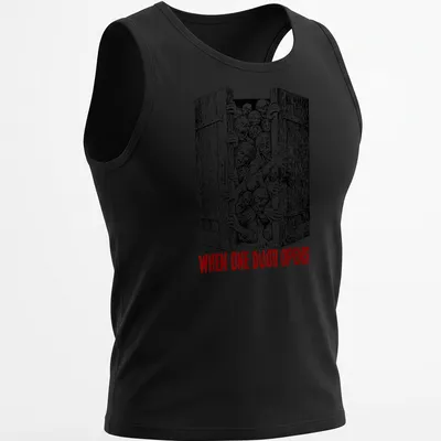 Horror illustration featuring zombies with the text 'WHEN ONE DOOR OPENS' in black, white, and red. — printed on a tank top