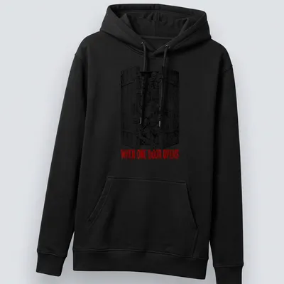 Horror illustration featuring zombies with the text 'WHEN ONE DOOR OPENS' in black, white, and red. — printed on a unisex hoodie