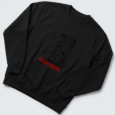 Horror illustration featuring zombies with the text 'WHEN ONE DOOR OPENS' in black, white, and red. — printed on a unisex sweatshirt