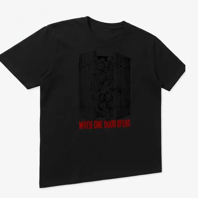 Horror illustration featuring zombies with the text 'WHEN ONE DOOR OPENS' in black, white, and red. — printed on a unisex t-shirt (angled view)
