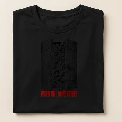 Horror illustration featuring zombies with the text 'WHEN ONE DOOR OPENS' in black, white, and red. — printed on a women's shirt