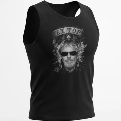 Sketch illustration of Frank Beard with ZZ Top text in black, white, and gray — printed on a tank top