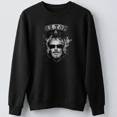 Sketch illustration of Frank Beard with ZZ Top text in black, white, and gray — printed on a unisex sweatshirt