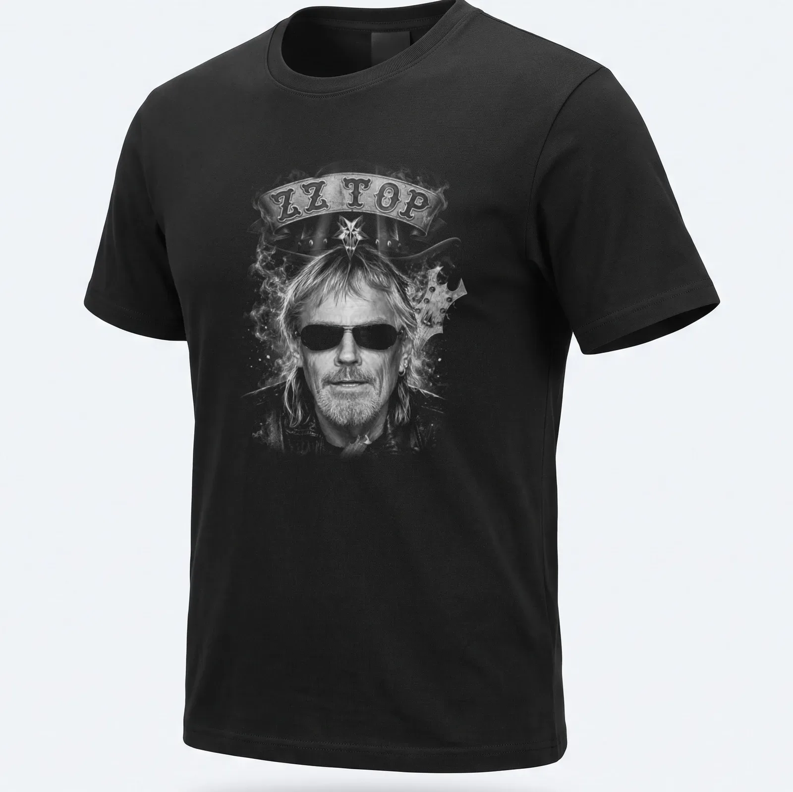 Sketch illustration of Frank Beard with ZZ Top text in black, white, and gray — printed on a unisex t-shirt