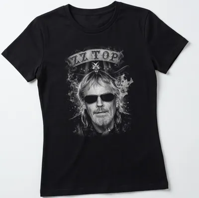 Sketch illustration of Frank Beard with ZZ Top text in black, white, and gray — printed on a women's shirt